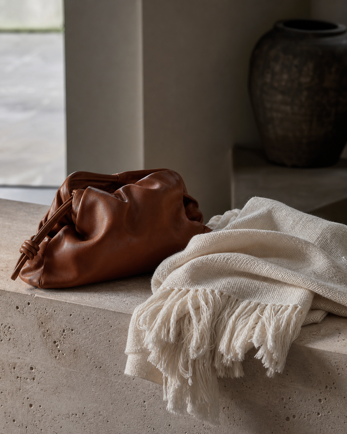 Handmade leather pouch and woven ivory scarf