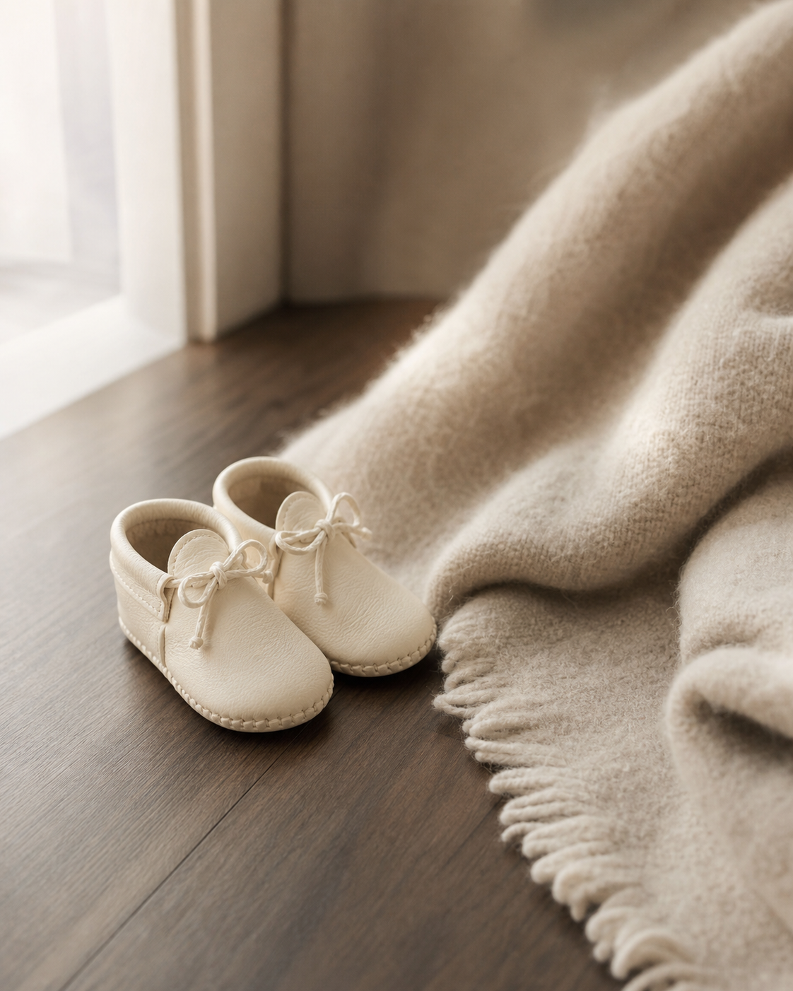 Handcrafted ivory baby shoes beside an oatmeal blanket