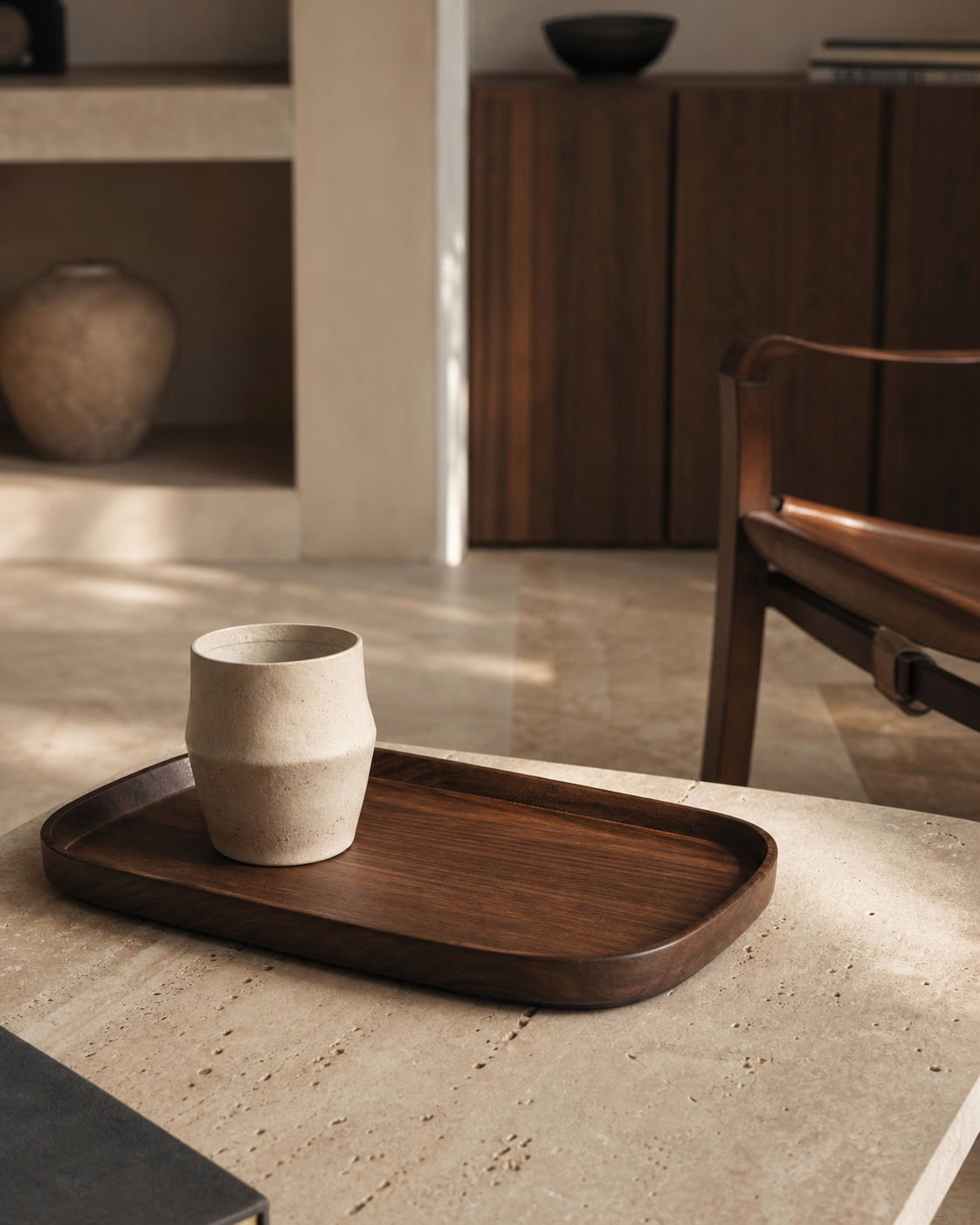 Walnut tray and handmade stoneware vessel